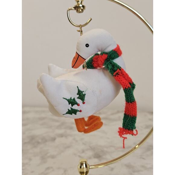 Vtg Christmas Ornament Goose Wearing Holiday Scarf Handmade Embroidered Holly - Picture 1 of 6